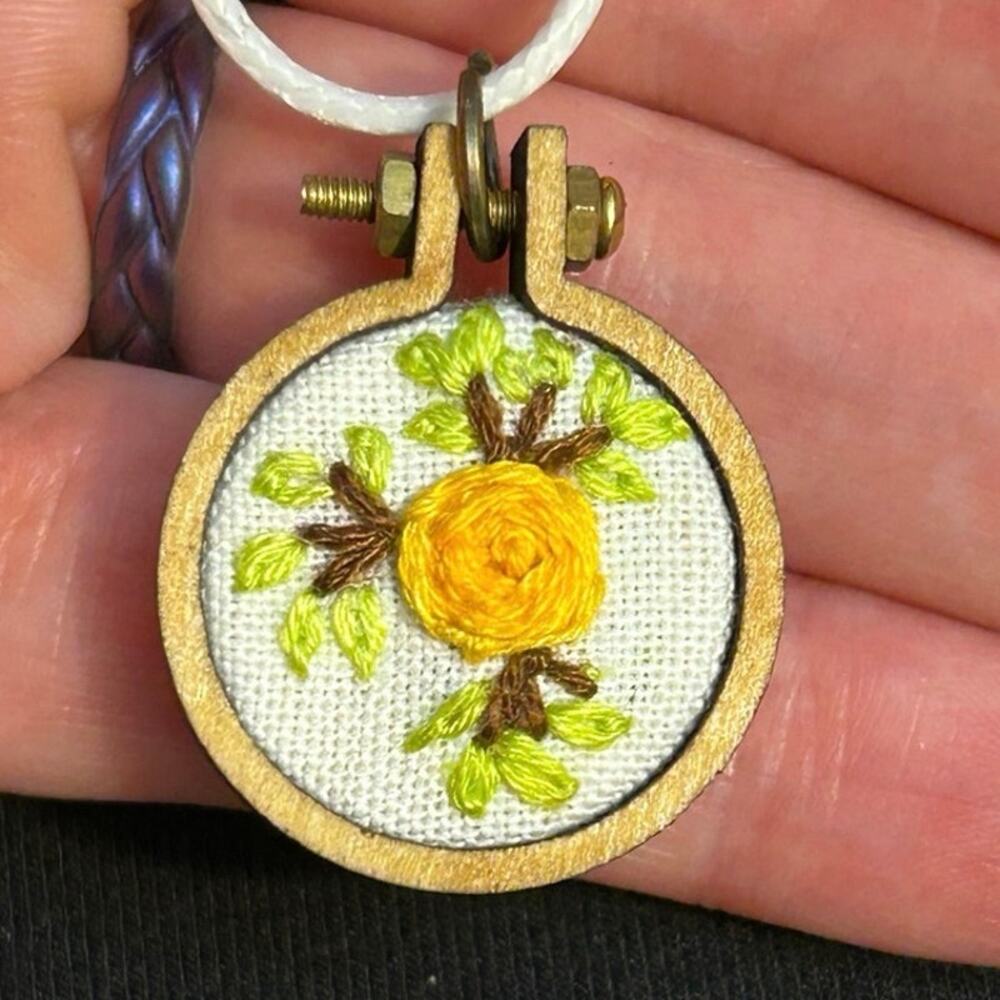 Handmade Yellow Rose Charm Necklace mini Embroidery Hoop